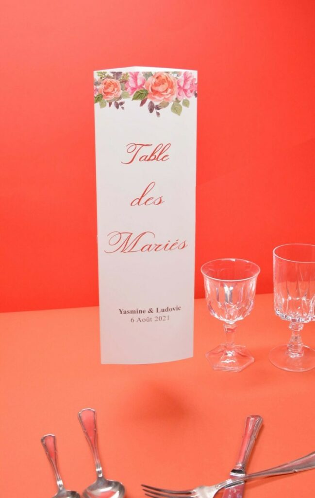 Nom de table et menu mariage en triptyque à poser – Creation pack 350gr/m2