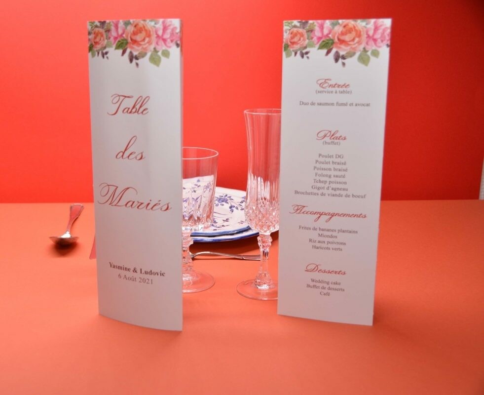 Nom de table et menu mariage en triptyque à poser – Creation pack 350gr/m2