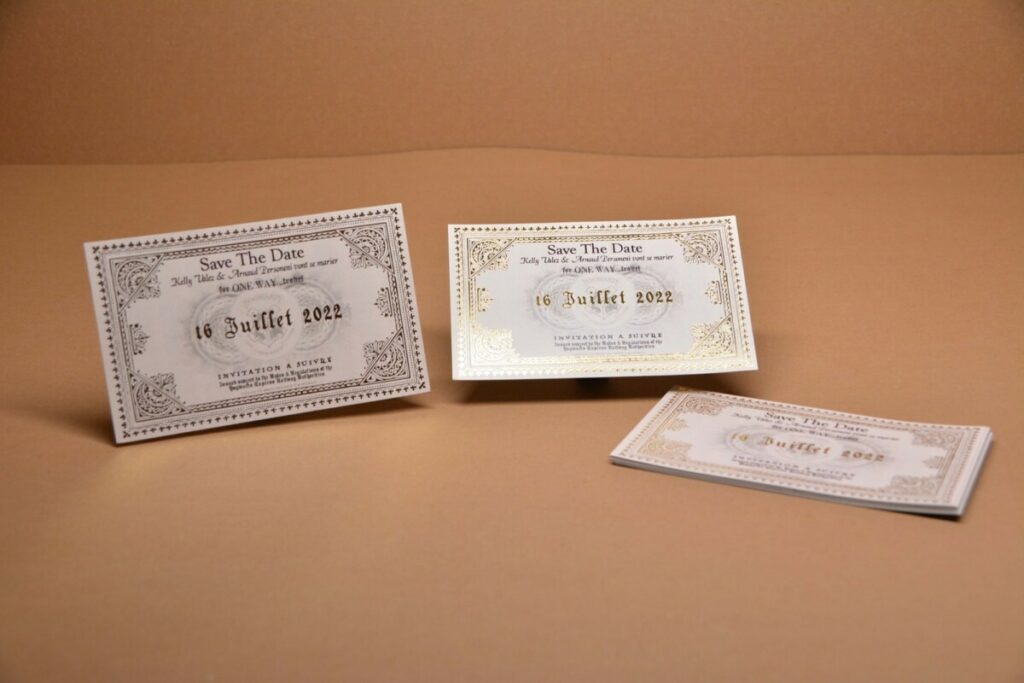 Save the date magnétique thème Harry Potter billet de train quai 9 3/4 – Marquage à chaud Or brillant