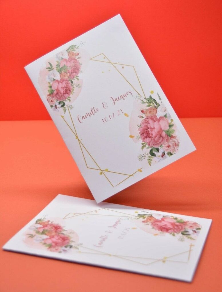 Livret de messe cérémonie de mariage fleuri avec reliure 2 pics métal
