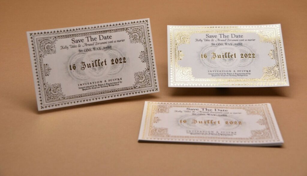 Save the date magnétique thème Harry Potter billet de train quai 9 3/4 – Marquage à chaud Or brillant