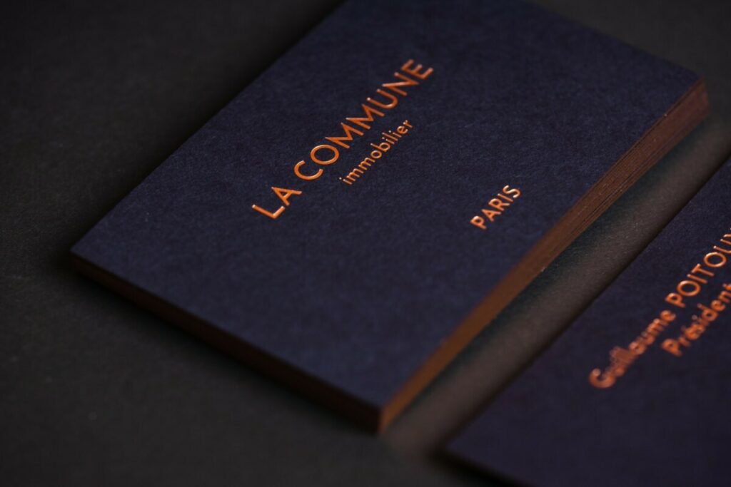 Cartes de visite avec dorure sur tranche et marquage à chaud cuivre mat assorti – Foilco 6734 New Penny – Sirio color Dark Blue 480gr/m2