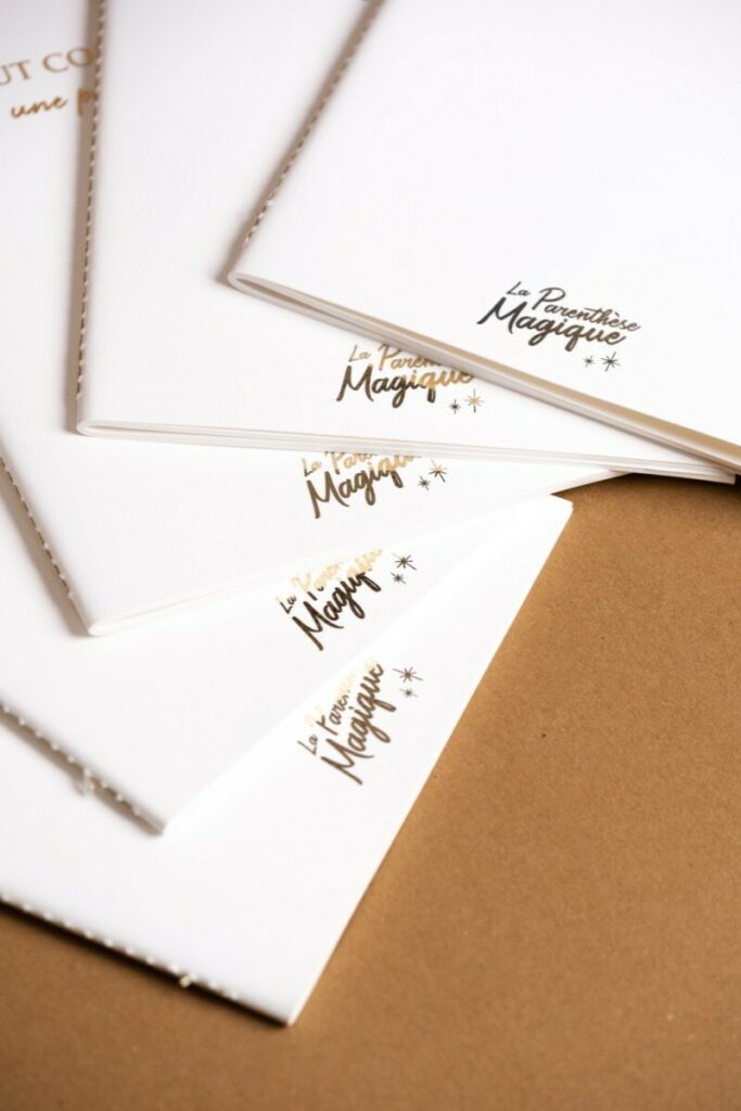 Carnets de notes évènement magique avec reliure en couture singer – Dorure numérique OR et pelliculage soft touch – Olin Regular blanc naturel