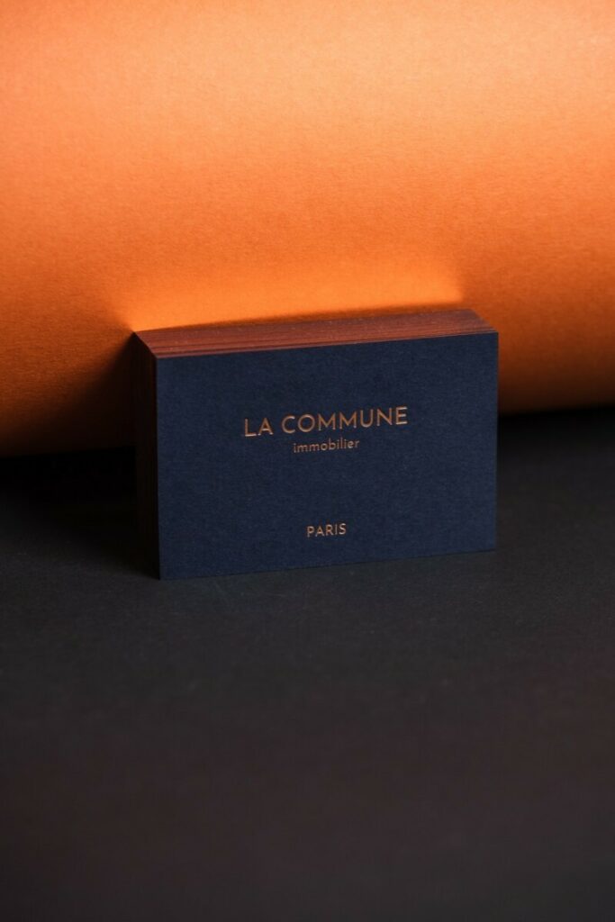 Cartes de visite avec dorure sur tranche et marquage à chaud cuivre mat assorti – Foilco 6734 New Penny – Sirio color Dark Blue 480gr/m2