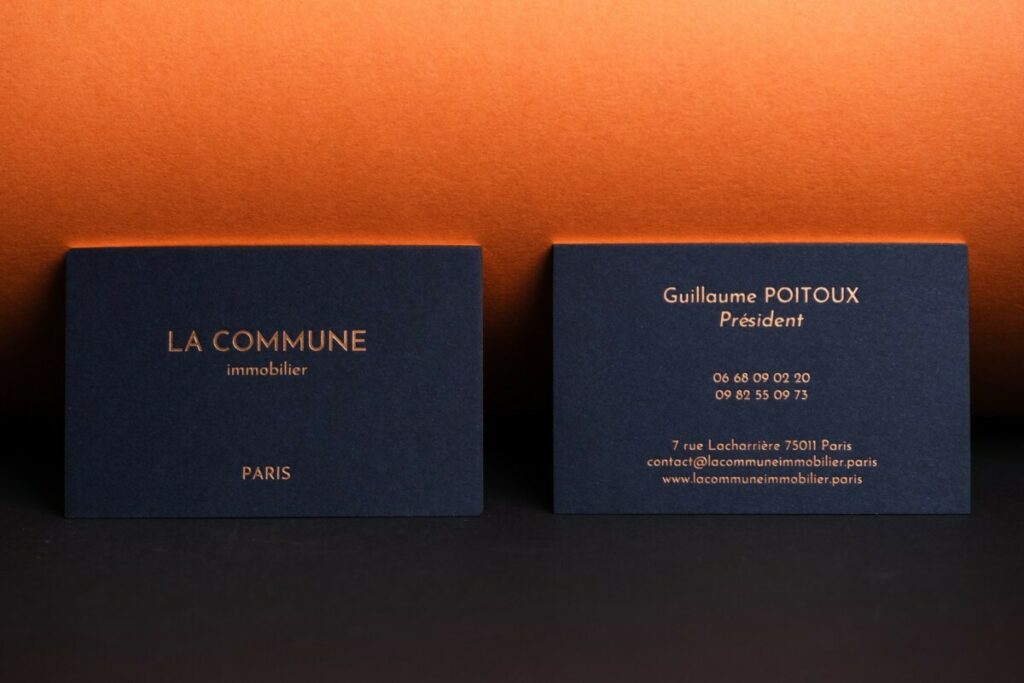 Cartes de visite avec dorure sur tranche et marquage à chaud cuivre mat assorti – Foilco 6734 New Penny – Sirio color Dark Blue 480gr/m2