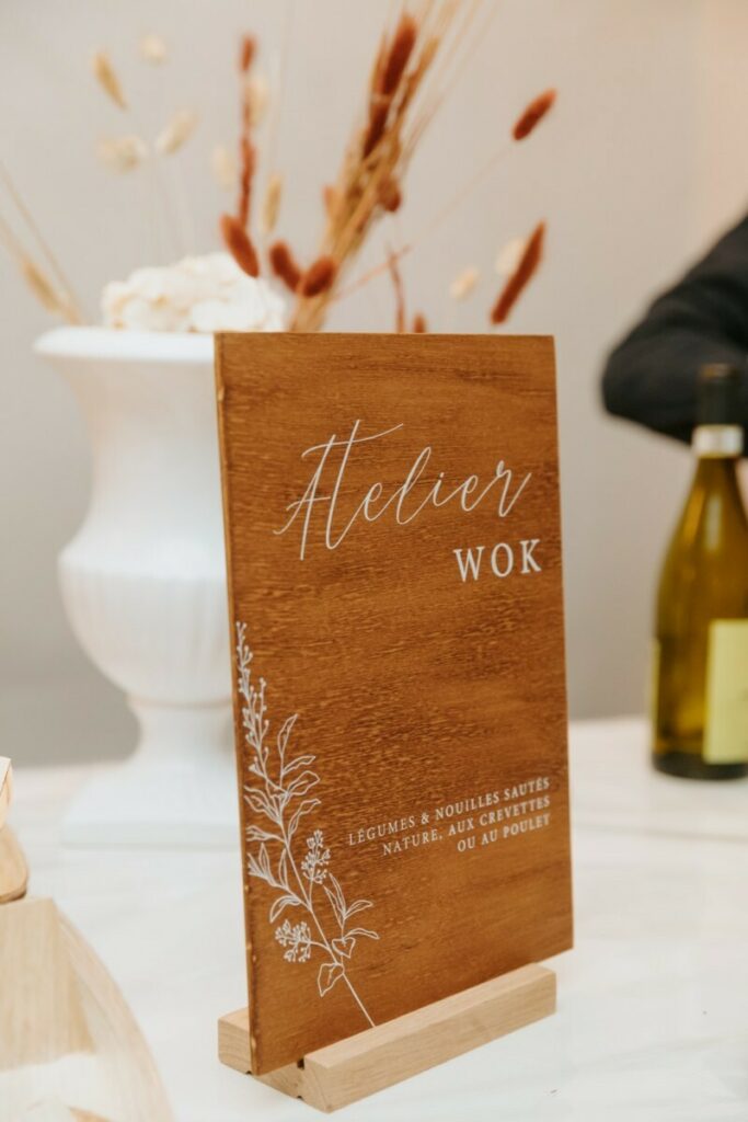 Signalétique mariage en bois – impression blanche numérique sur panneau de contre-plaqué – Atelier Wok, Chambres, Messages