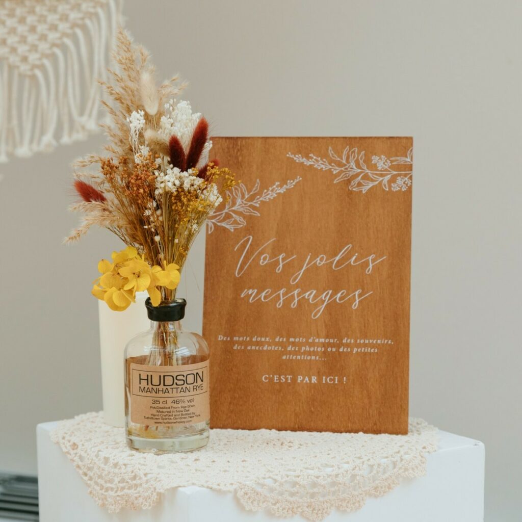 Signalétique mariage en bois – impression blanche numérique sur panneau de contre-plaqué – Atelier Wok, Chambres, Messages
