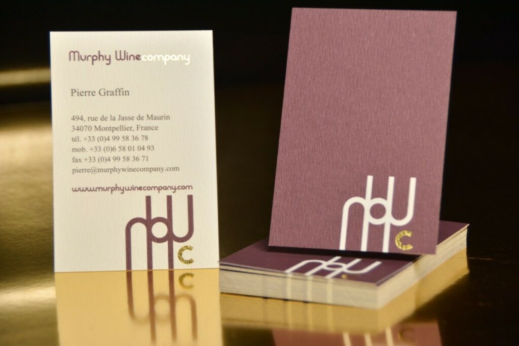 Cartes de visite Wine and Gold – Pantone Bordeau PMS 7643 – Rives tradition extra blanc 320gr/m2 – Dorure à chaud or brillant Recto Verso