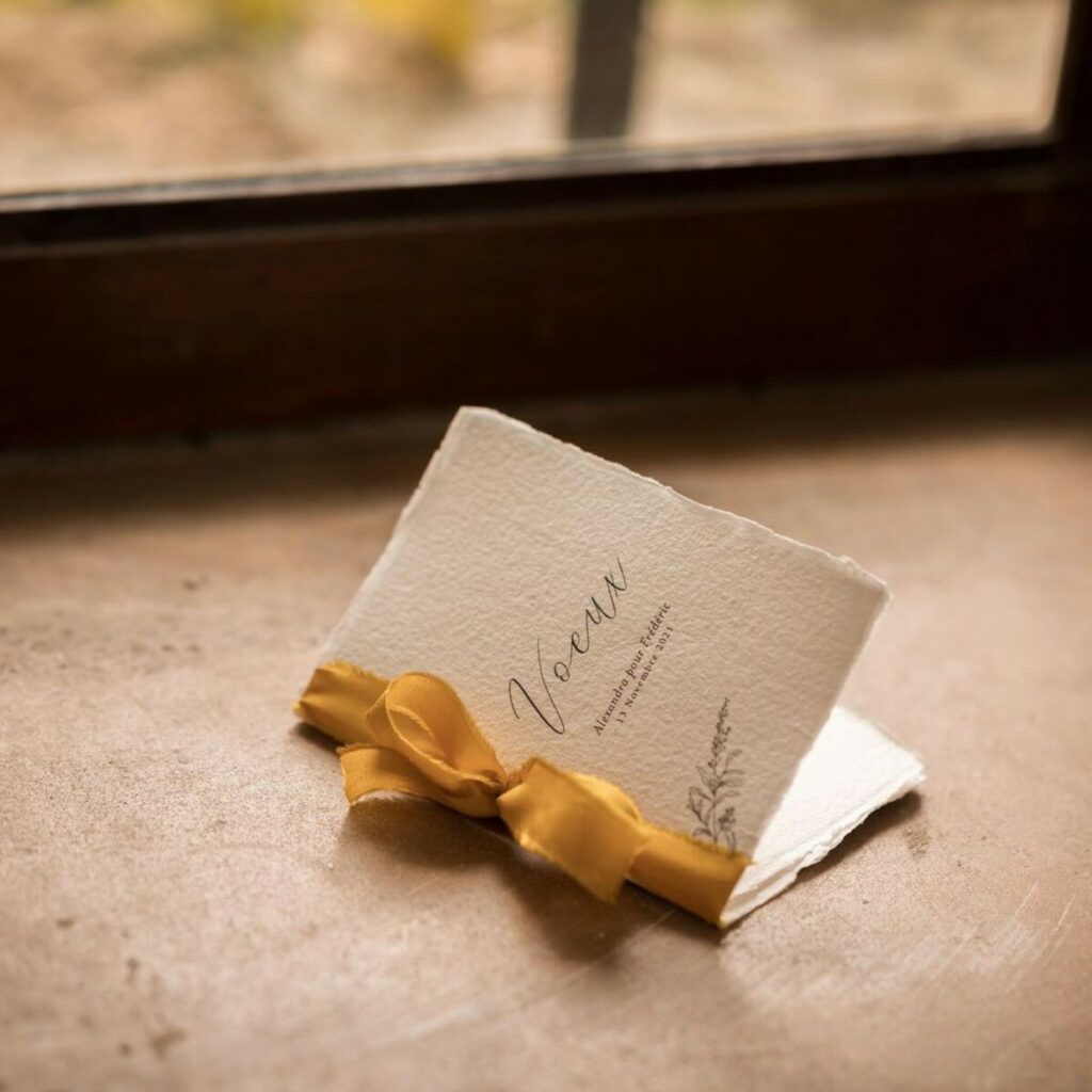 Livret de voeux 8 pages pour mariage sur papier coton fait main avec ruban satin ocre