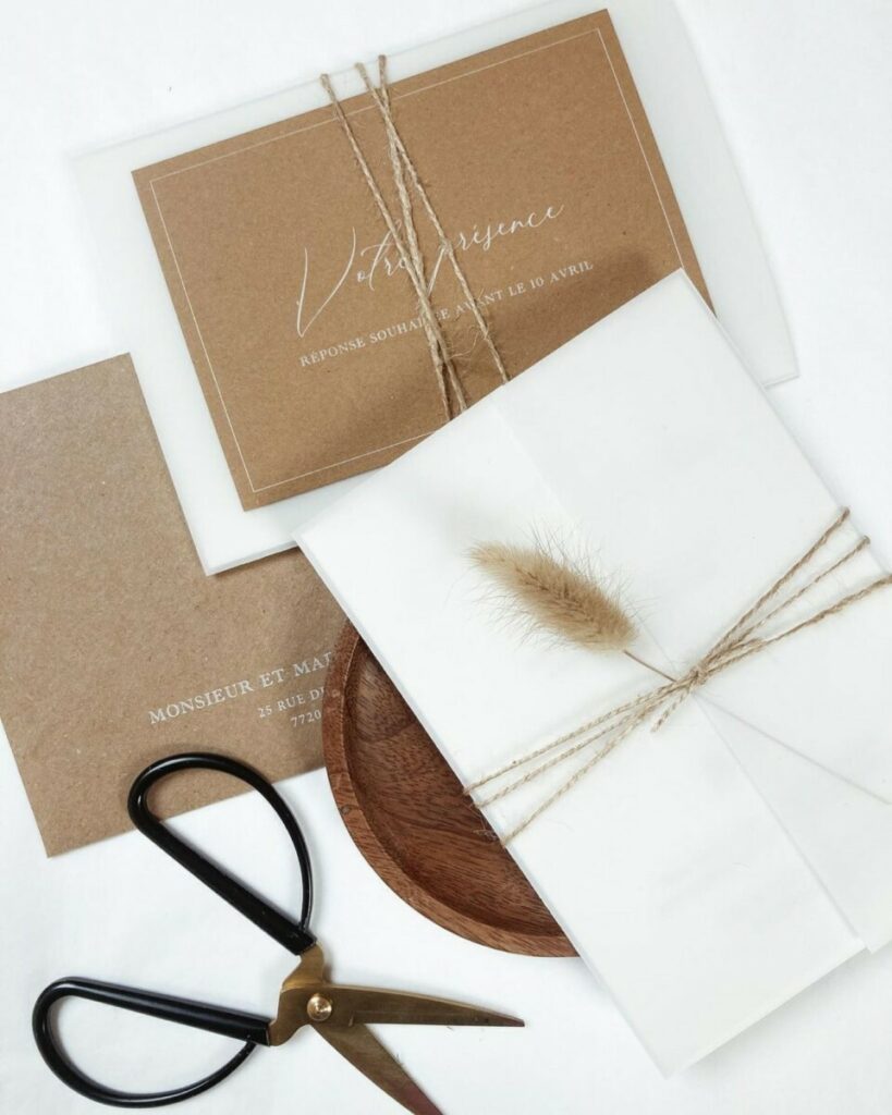 Faire-part de mariage Nature avec herbe de pampa – Papier Coton Arches Expression Texture et Kraft Naturel – Impression blanche numérique