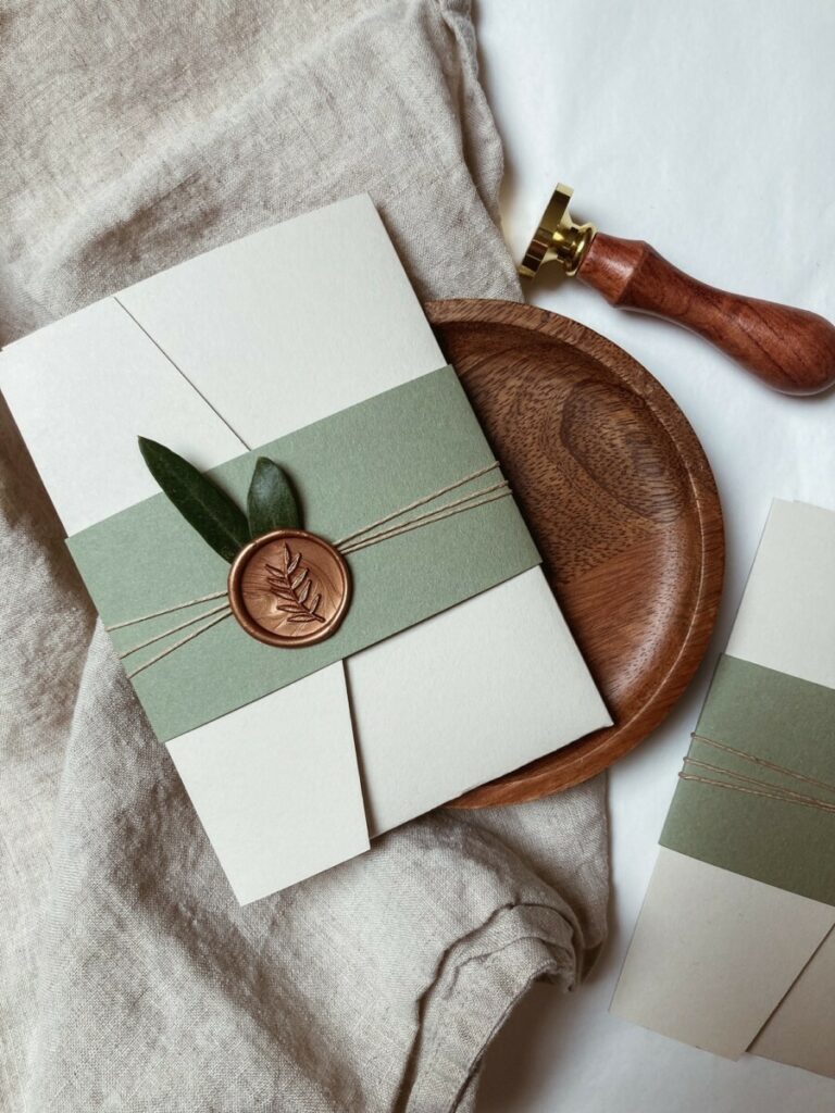 Faire-part de mariage pochette avec rabat Colorplan Mist et fourreau Colorplan Mid green – Coupons impression Terracotta sur papier texturé Création Pack 350gr/m2