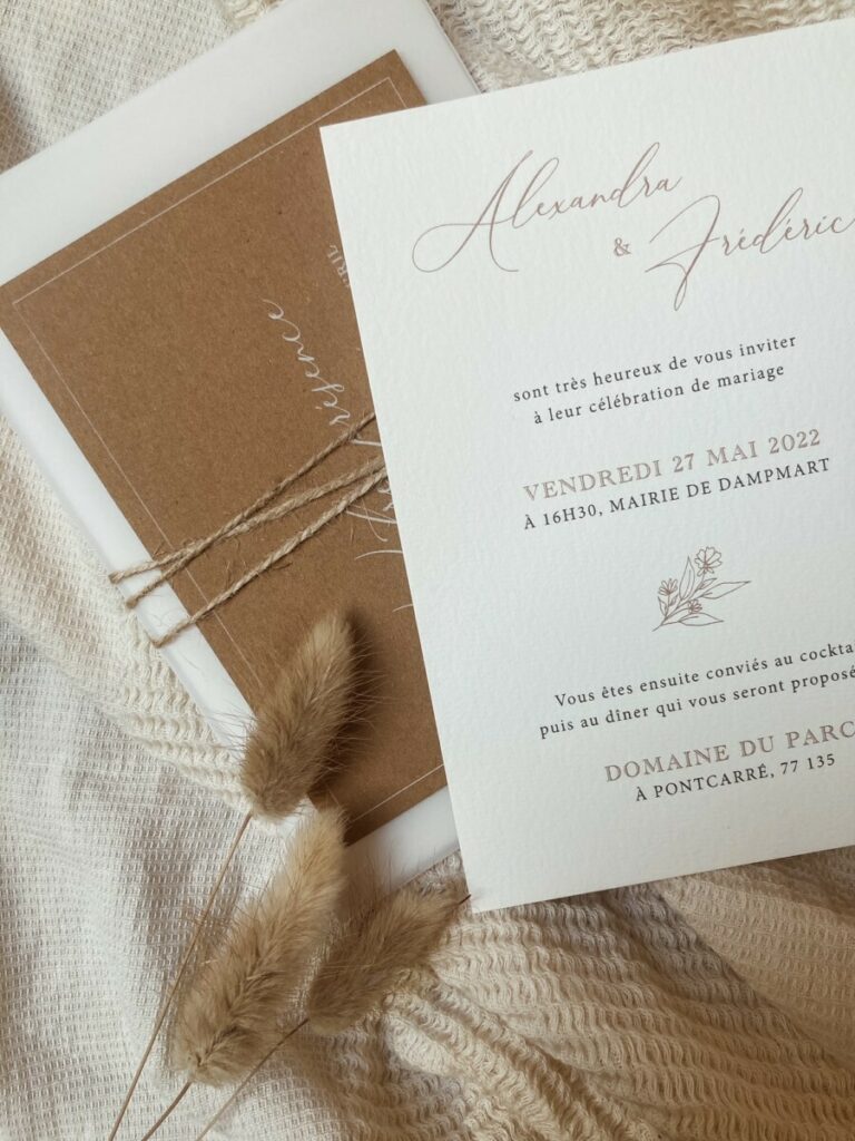 Faire-part de mariage Nature avec herbe de pampa – Papier Coton Arches Expression Texture et Kraft Naturel – Impression blanche numérique