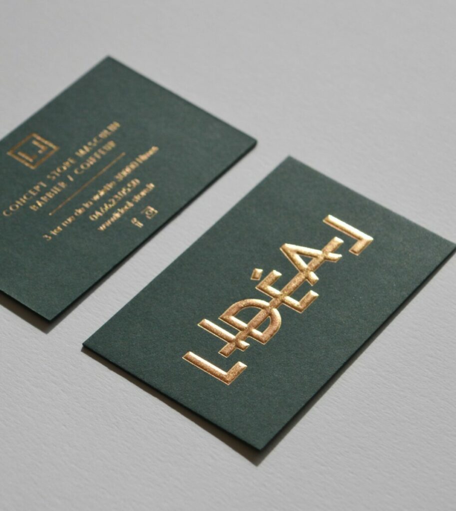 Cartes de visite Concept store masculin – Dorure galbé Cuivre 355- Contre collage duplex 700gr/m2 – Colorplan Racing Green