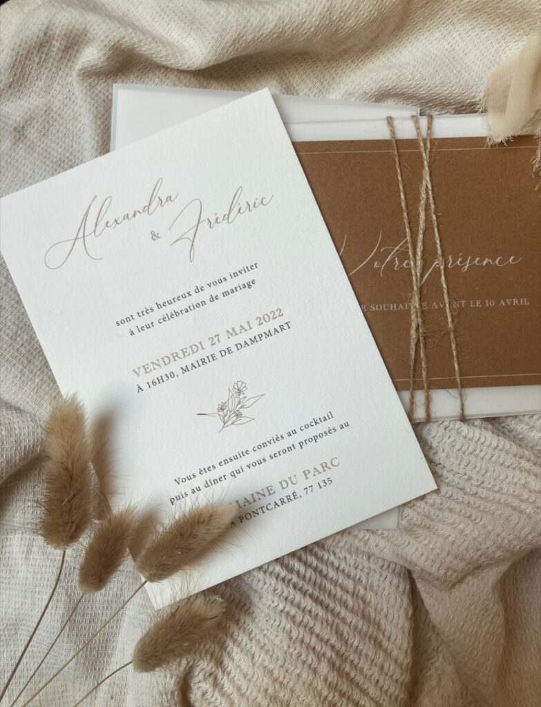 Faire-part de mariage Nature avec herbe de pampa – Papier Coton Arches Expression Texture et Kraft Naturel – Impression blanche numérique