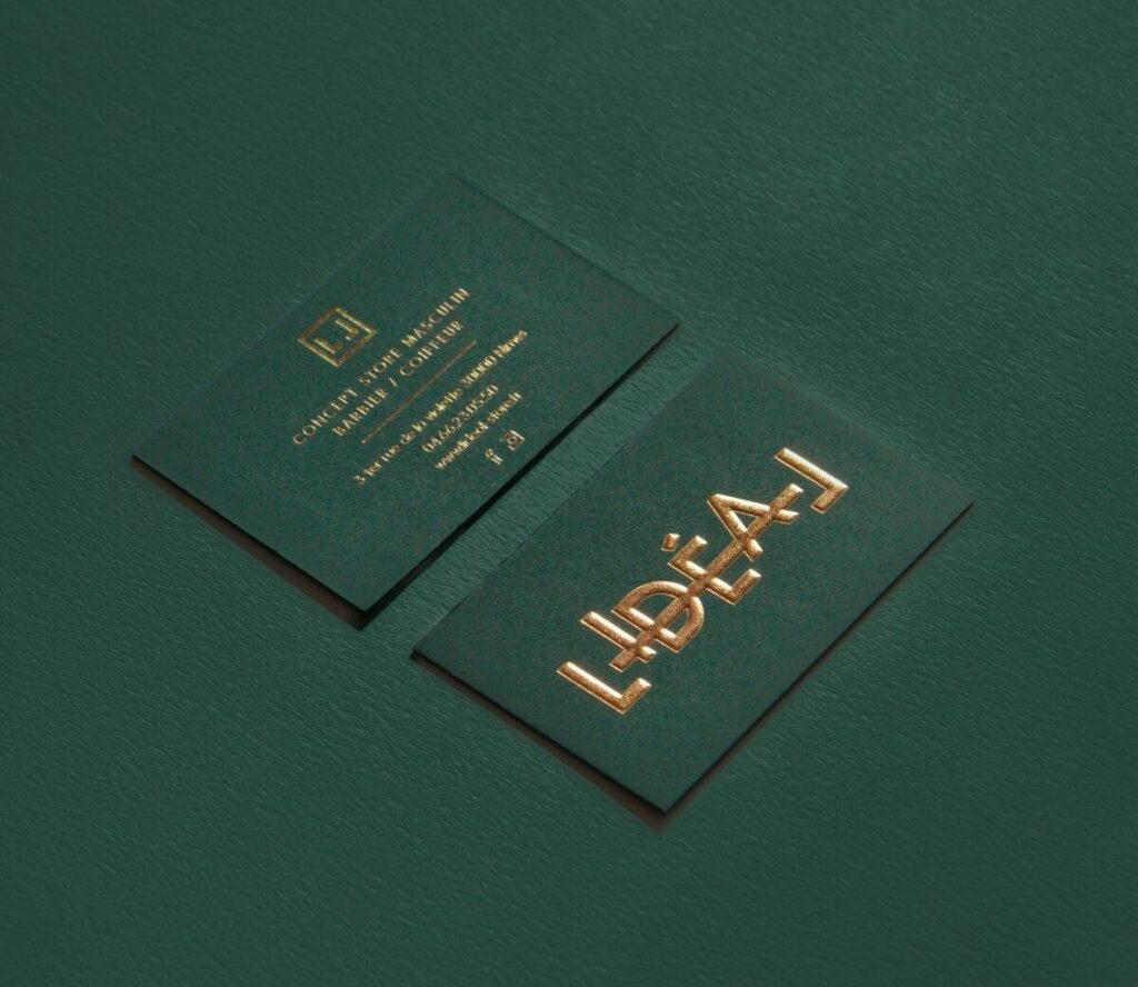 Cartes de visite Concept store masculin – Dorure galbé Cuivre 355- Contre collage duplex 700gr/m2 – Colorplan Racing Green