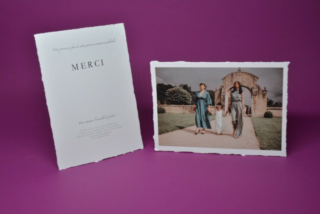 Carte de remerciements photo sur papier coton à bords frangés – Pur Coton 350gr/m2