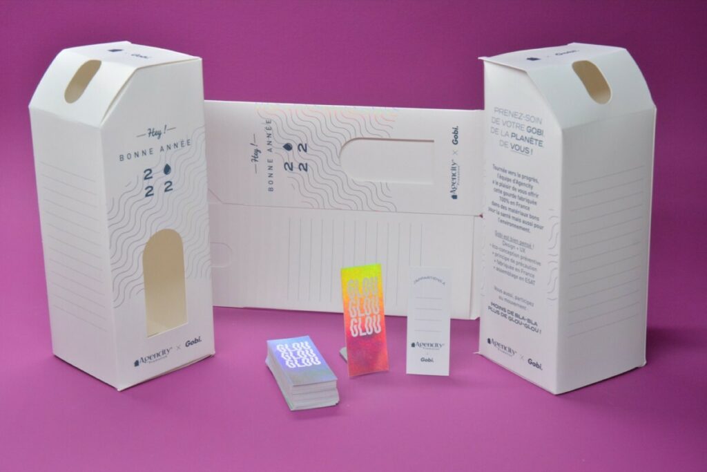 Packaging pour Gourde Gobi – Dorure numérique Holographique Laser – Découpe numérique – Invercote G 240gr/m2