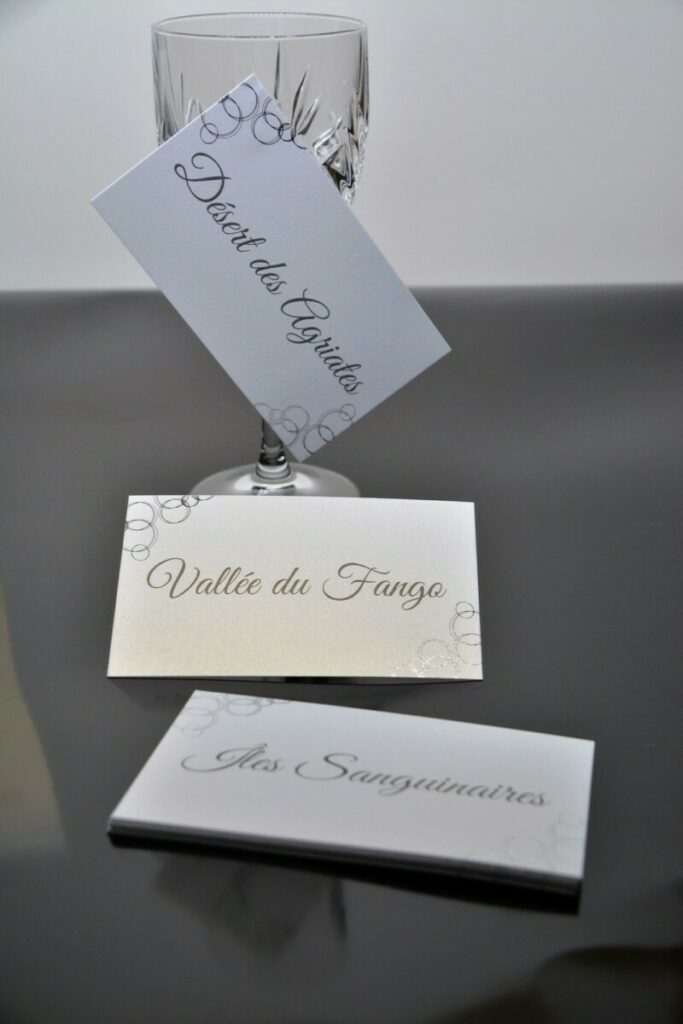 Nom de Table et Marque place – Dorure Numérique Argent Brilant – Papier Nacré Curious Metallics Perles Akoya 300gr/m2