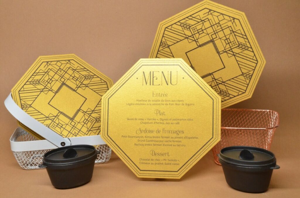 Menu réception Hexagonal – Thème Gatsby – Découpe laser – Curious Metallic OR
