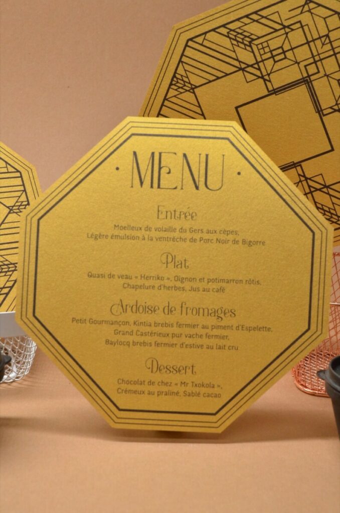 Menu réception Hexagonal – Thème Gatsby – Découpe laser – Curious Metallic OR