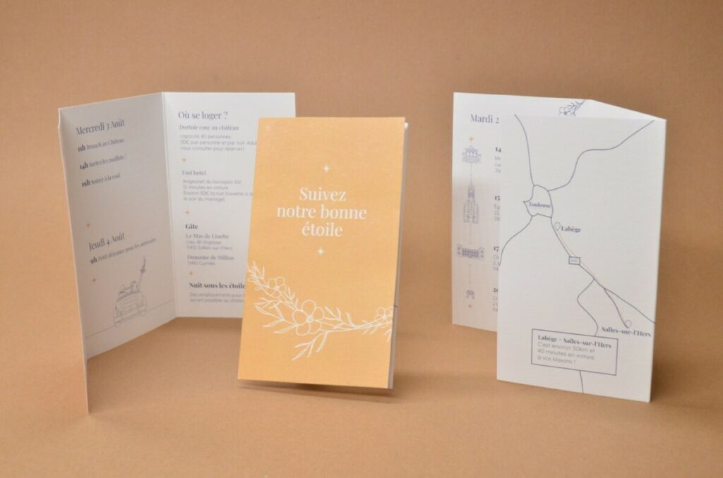 Programme Mariage 3 volets imitation Kraft avec pli portefeuille – Old Mill Premium White 250gr/m2