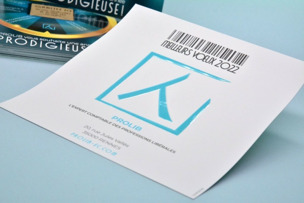 Cartes de voeux encre grattable pour cabinet comptable – Overprint Noir- Dorure numérique OR – Vernis 3D