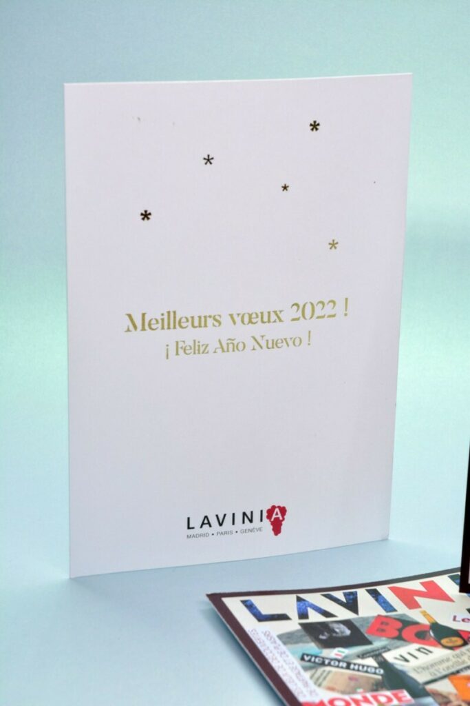 Carte de voeux pour magasin de vin – Dorure numérique OR – Olin regular pur blanc 400gr