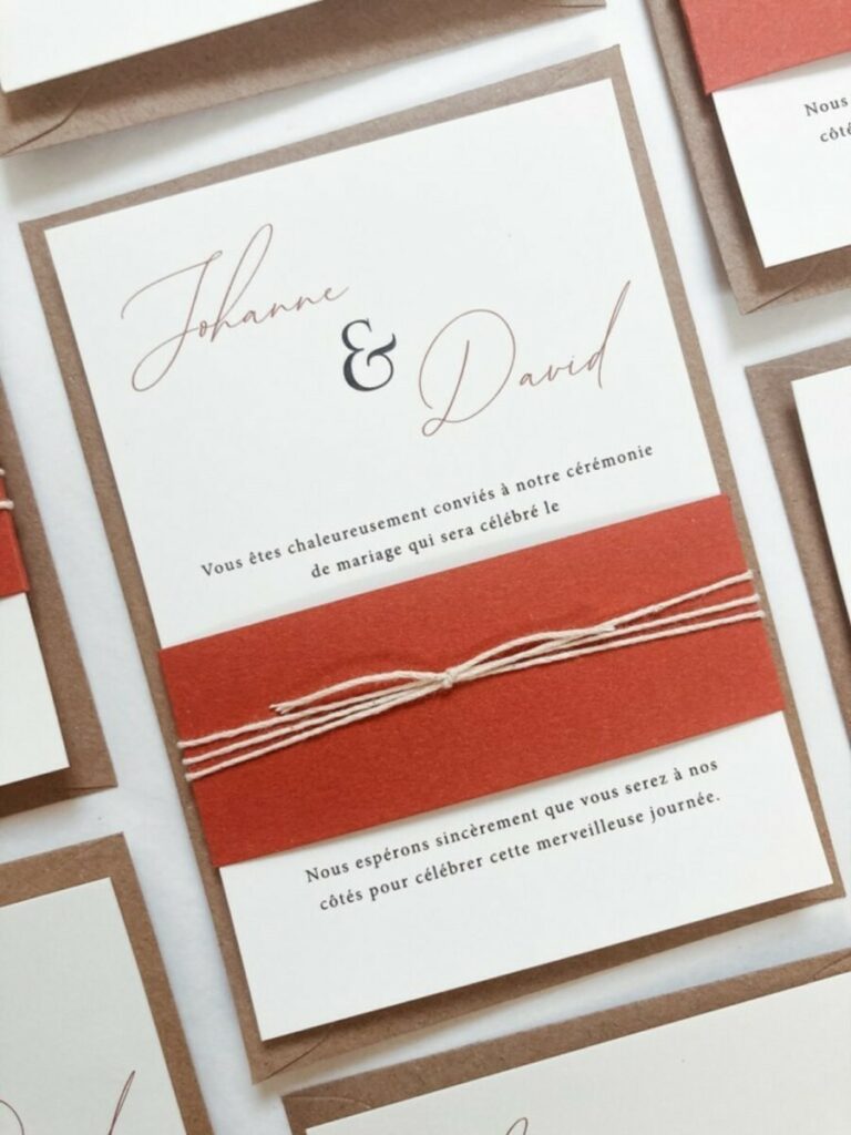 Faire-part de mariage Terracotta avec enveloppe assortie – Carton information Colorplan Stone – Bandeau Materica Terra rossa – Carton Olin regular blanc naturel