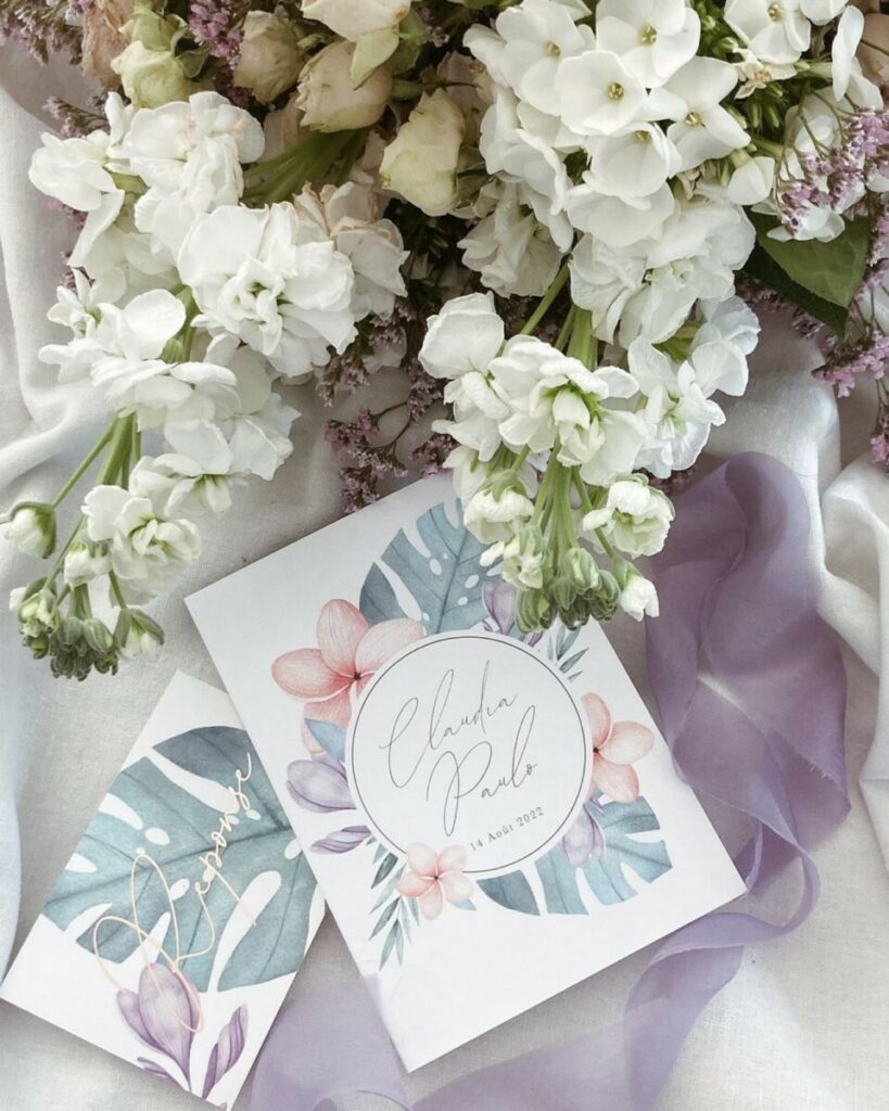 Faire par de mariage thème tropical floral pastel – Création pack – Carton civil en dorure numérique avec pelliculage mat