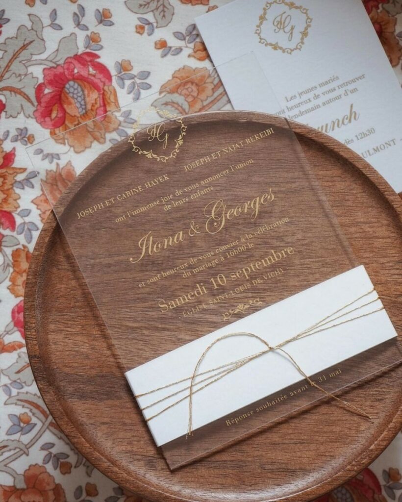 Faire-part de mariage monogramme en Plexiglass – Dorure Or Brillant – Création Pack 350g