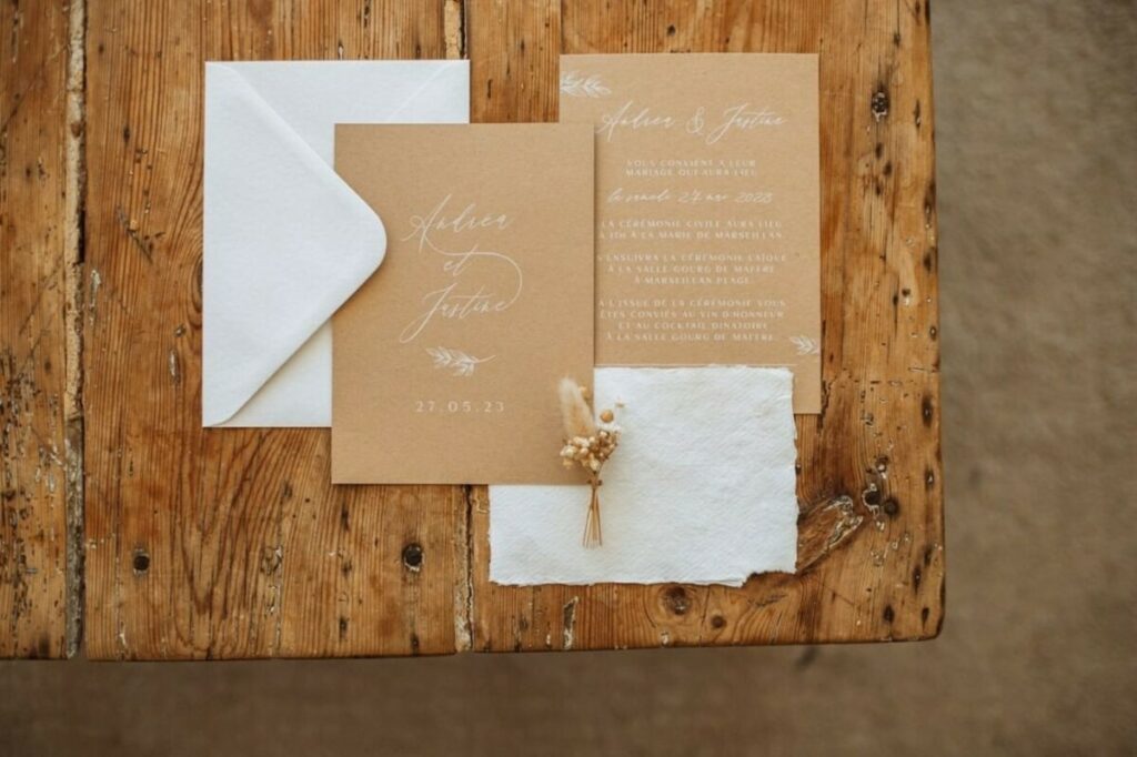 Faire-part de mariage champêtre Kraft impression blanche avec enveloppes patte triangle – Nomad Kraft 350g