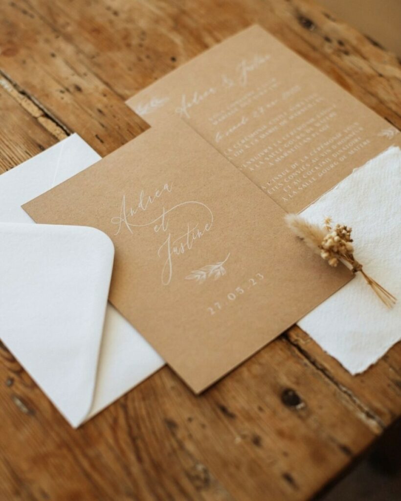 Faire-part de mariage champêtre Kraft impression blanche avec enveloppes patte triangle – Nomad Kraft 350g