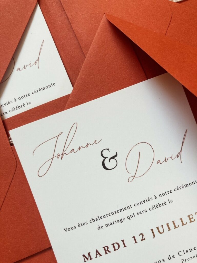 Faire-part de mariage Terracotta avec enveloppe assortie – Carton information Colorplan Stone – Bandeau Materica Terra rossa – Carton Olin regular blanc naturel