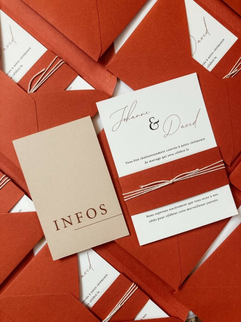 Faire-part de mariage Terracotta avec enveloppe assortie – Carton information Colorplan Stone – Bandeau Materica Terra rossa – Carton Olin regular blanc naturel