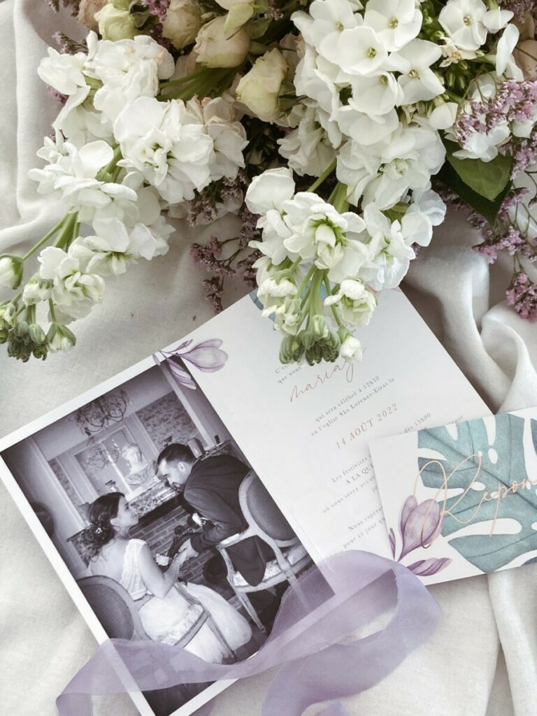 Faire par de mariage thème tropical floral pastel – Création pack – Carton civil en dorure numérique avec pelliculage mat