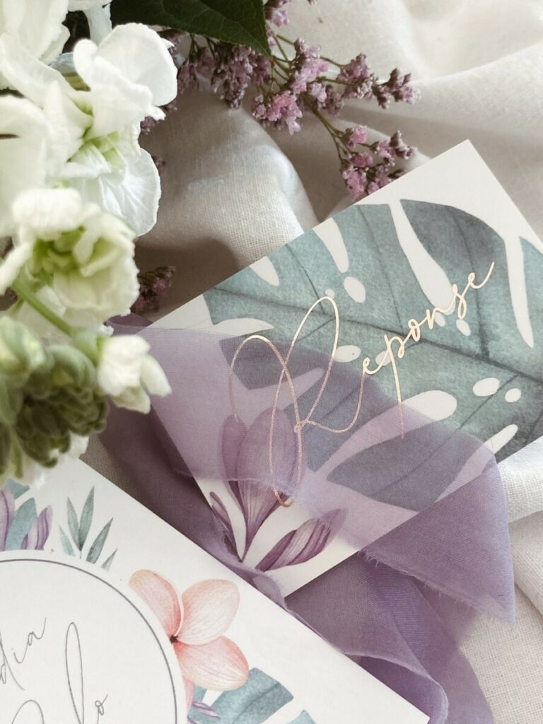 Faire par de mariage thème tropical floral pastel – Création pack – Carton civil en dorure numérique avec pelliculage mat