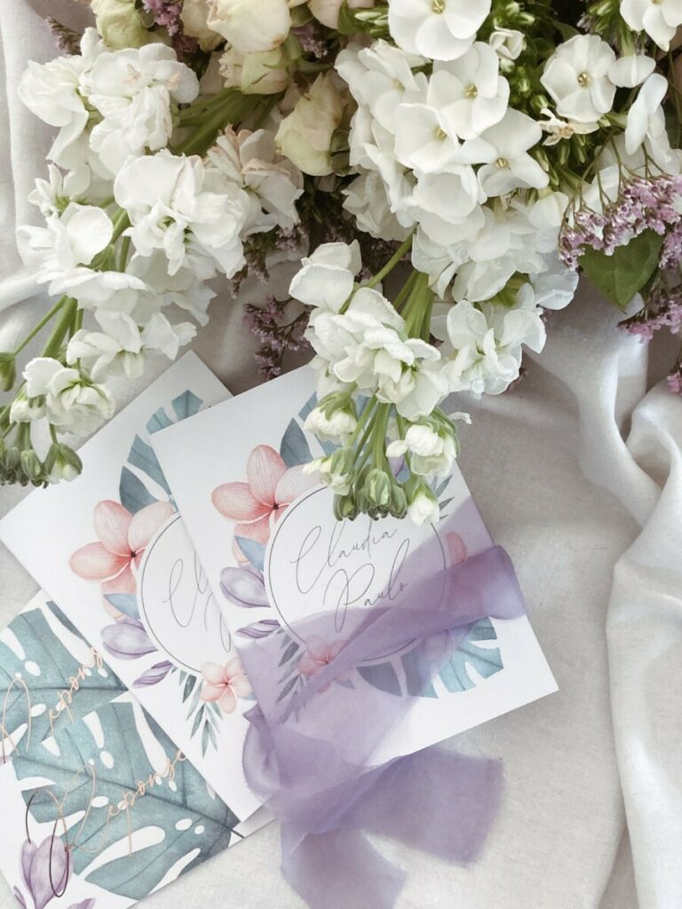 Faire par de mariage thème tropical floral pastel – Création pack – Carton civil en dorure numérique avec pelliculage mat