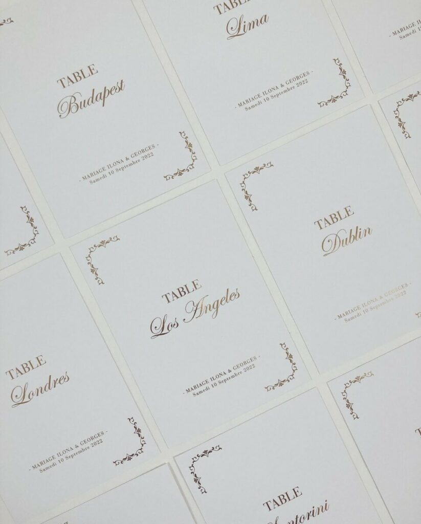 Plan de table mariage Capitales Européennes – Dorure numérique Or – Création Pack 350gr