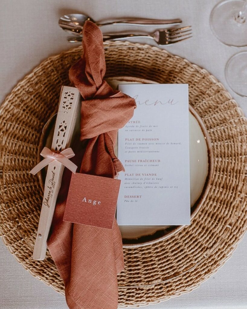 Menu et marque place carré pour mariage Terracotta – Création Pack 350gr/m2
