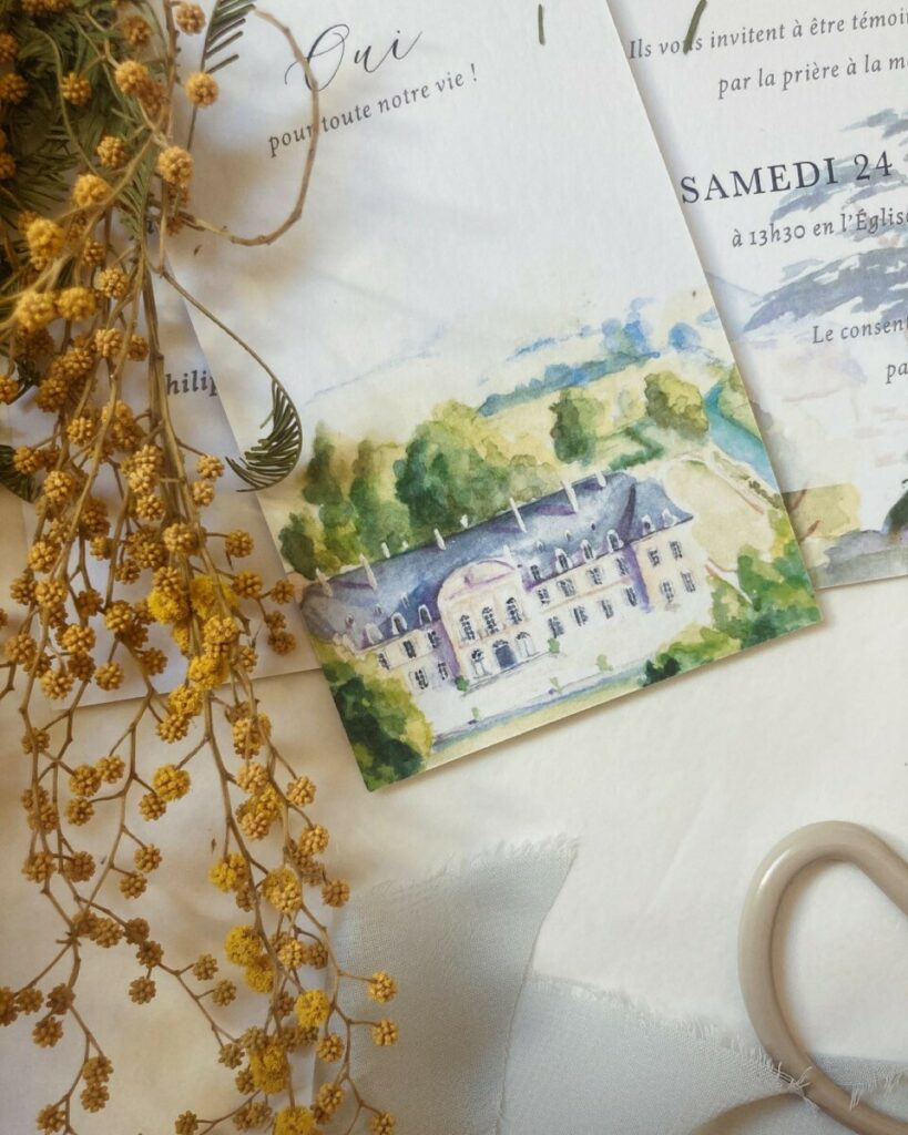 Faire-part de mariage avec dessin aquarelle Château – Old mill 300grm2 – Pliage fenêtre avec fermeture par ruban