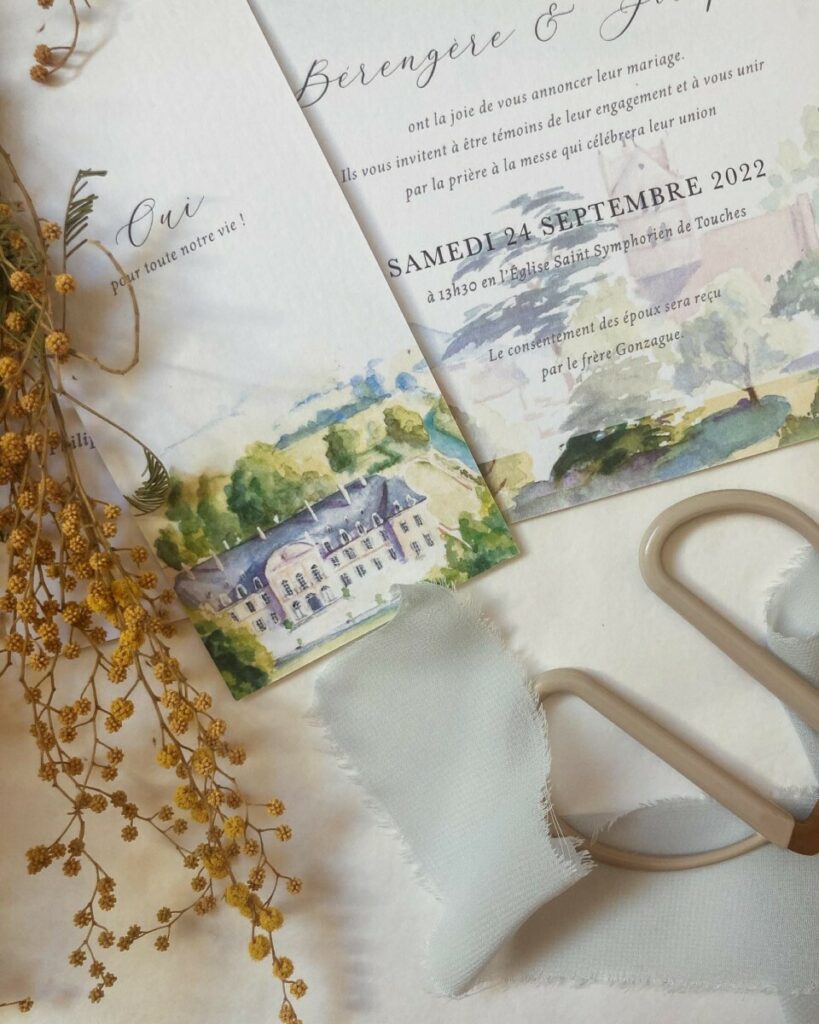 Faire-part de mariage avec dessin aquarelle Château – Old mill 300grm2 – Pliage fenêtre avec fermeture par ruban