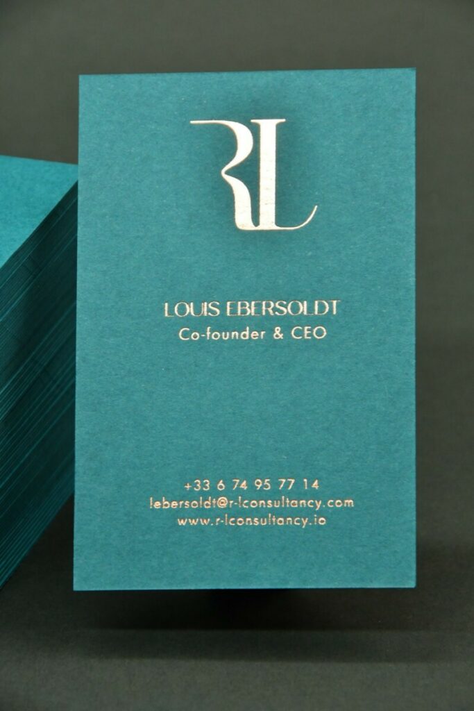 Cartes de visite real estate duplex – Marquage à chaud cuivre 355 sur Keaykolour Atoll contre collé 600g