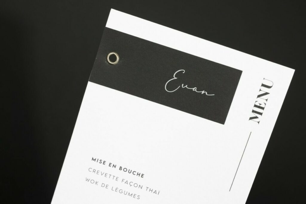 Menu de mariage avec coupon marque place avec oeillet argent – Old mill Premium White – Sirio color 280g Black impression banche numérique