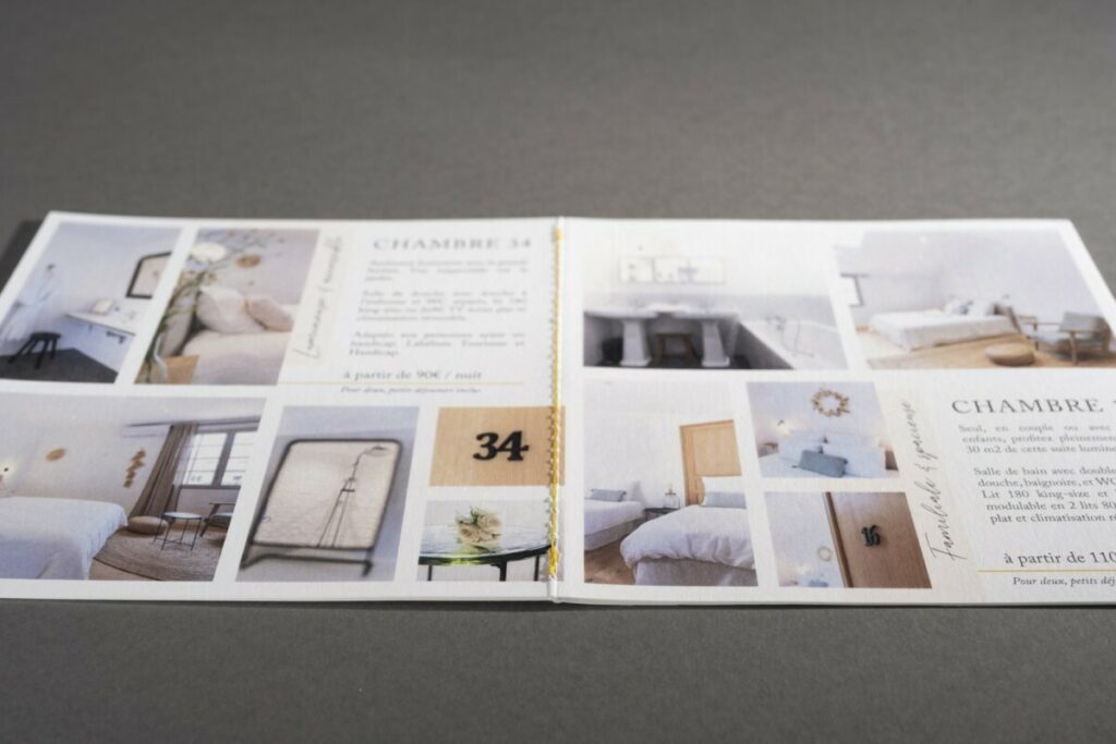 Brochure carré de présentation pour Gite de charme – Reliure en couture singer fil jaune au pli – Old mill Premium White
