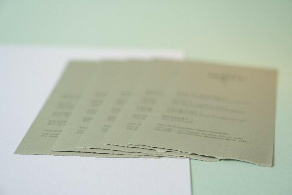 Menu et nom de table mariage avec 1 bord frangé manuel – Papier vert sauge Materica verdigris 250gr/m2