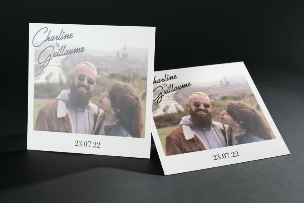 Faire-part de mariage format Polaroïd carré avec dorure numérique OR – Pelliculage Mat