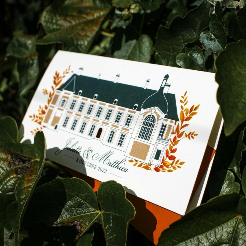 Faire-part de mariage dessin de château avec découpe laser – Old mill premium white – Coupon brunch colorplan Rust impression blanche numérique