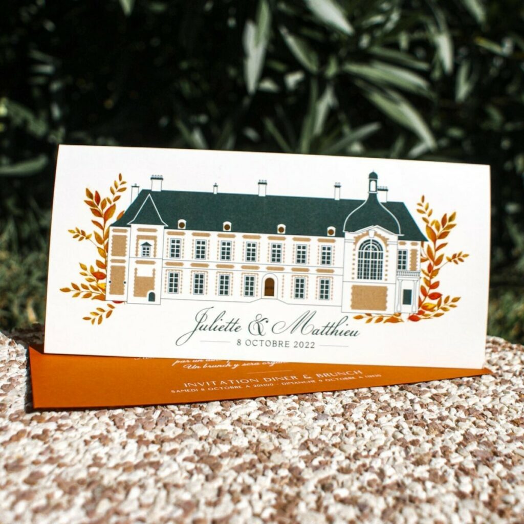 Faire-part de mariage dessin de château avec découpe laser – Old mill premium white – Coupon brunch colorplan Rust impression blanche numérique