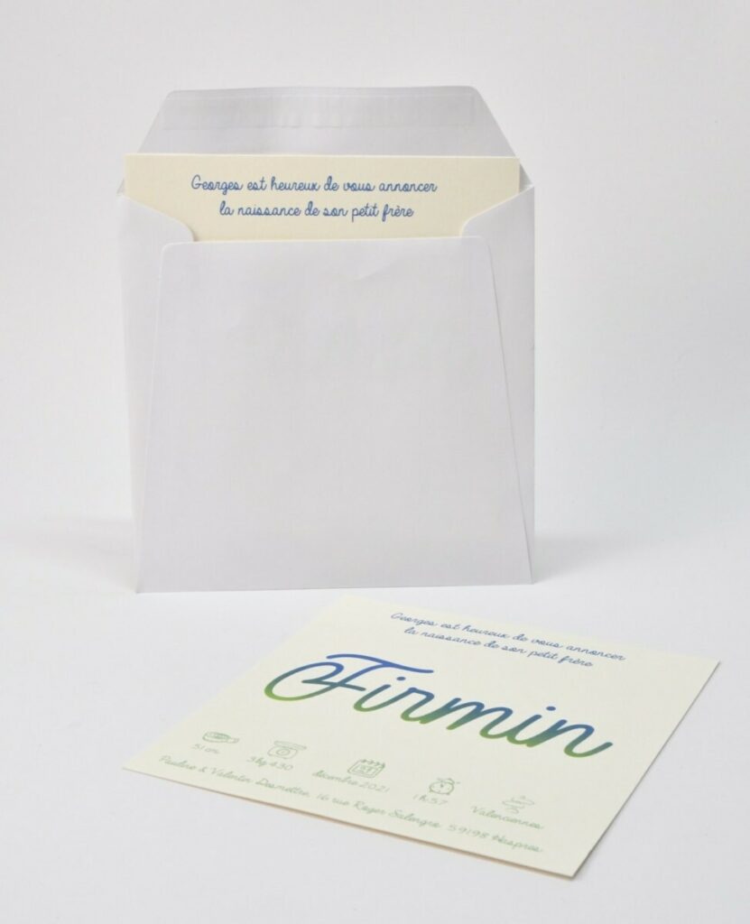 Faire-part de naissance carré avec Prénom dégradé – Old Mill Avorio 350g
