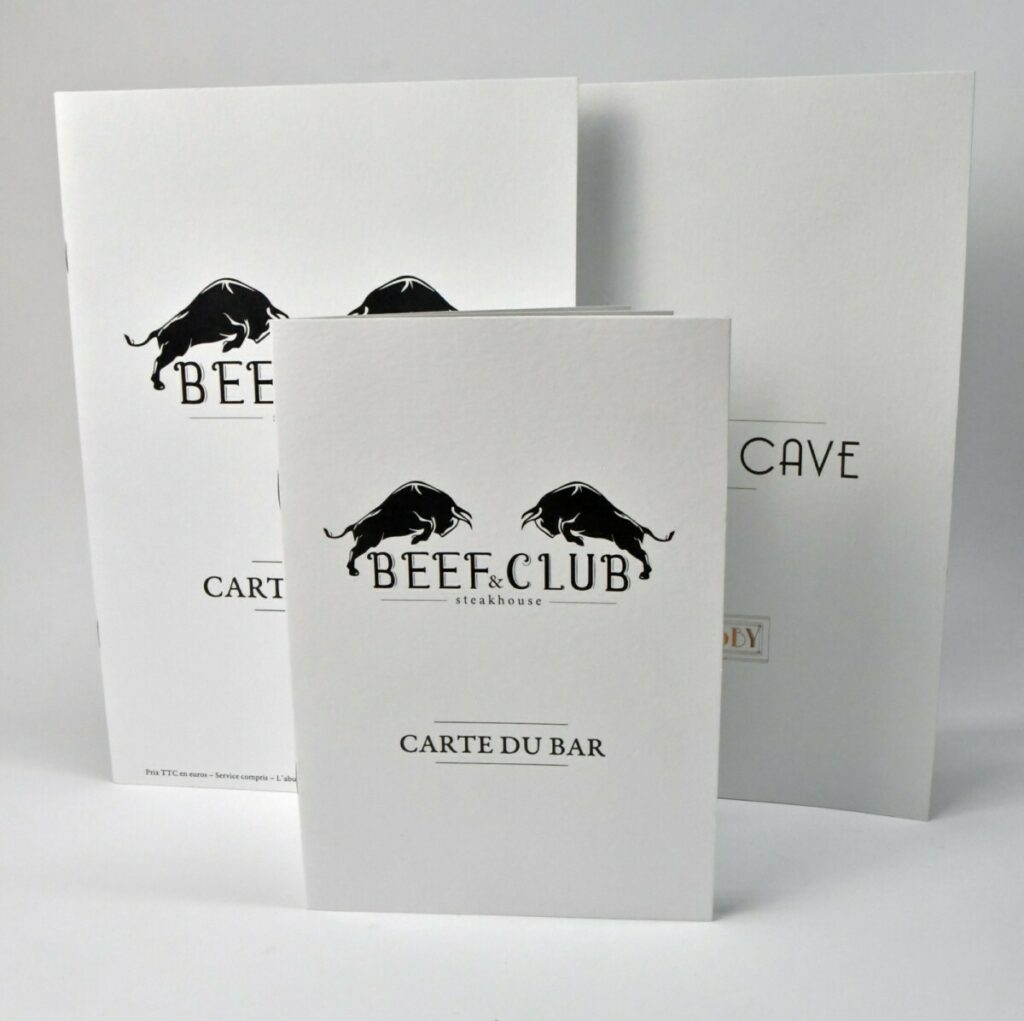 Beef Club – Carte restaurant bar et carte des vins – reliure 2 agrafes – Papier Création pack 350g